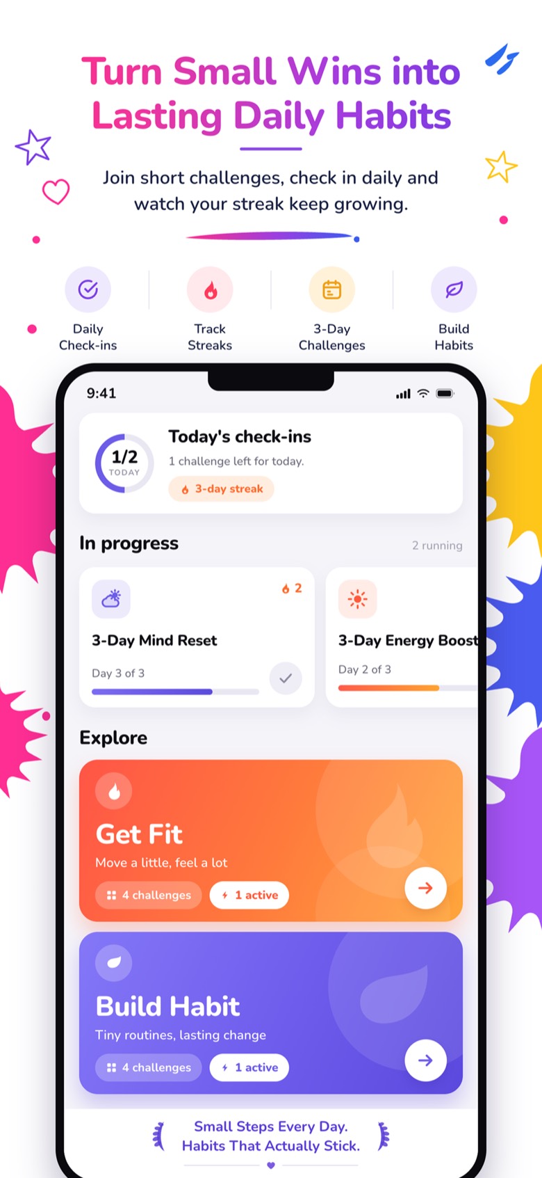 Challenges screen with today's check-ins, a 3-day streak and challenges in progress