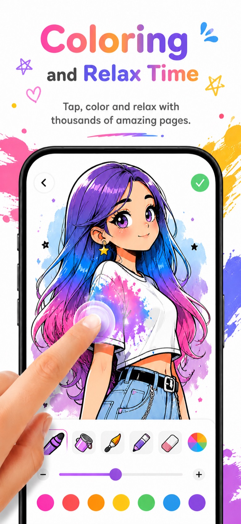Coloring screen with an illustrated girl being colored in purple and pink