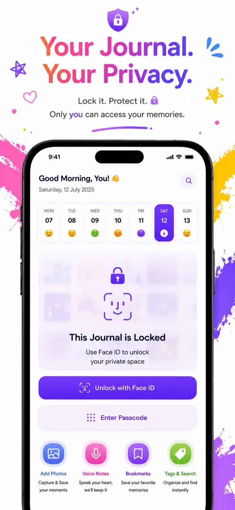 Locked journal home screen with Unlock with Face ID and Enter Passcode buttons