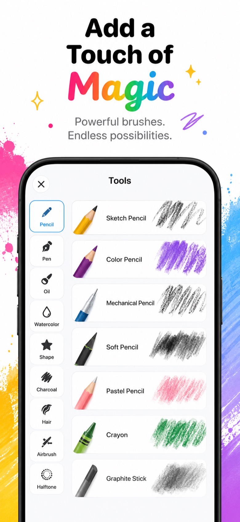 Brush tools screen listing sketch, color, mechanical and pastel pencils