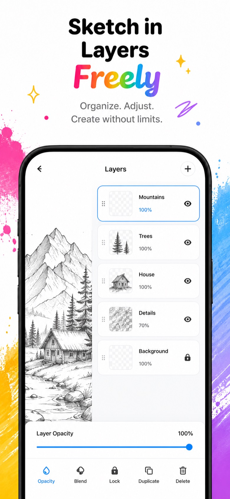 Layers screen with a mountain cabin sketch split into named layers