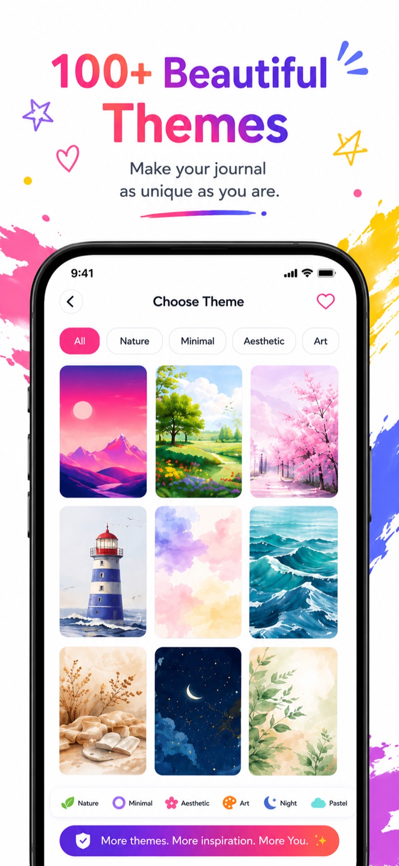 Choose Theme screen showing a grid of watercolor backgrounds by category